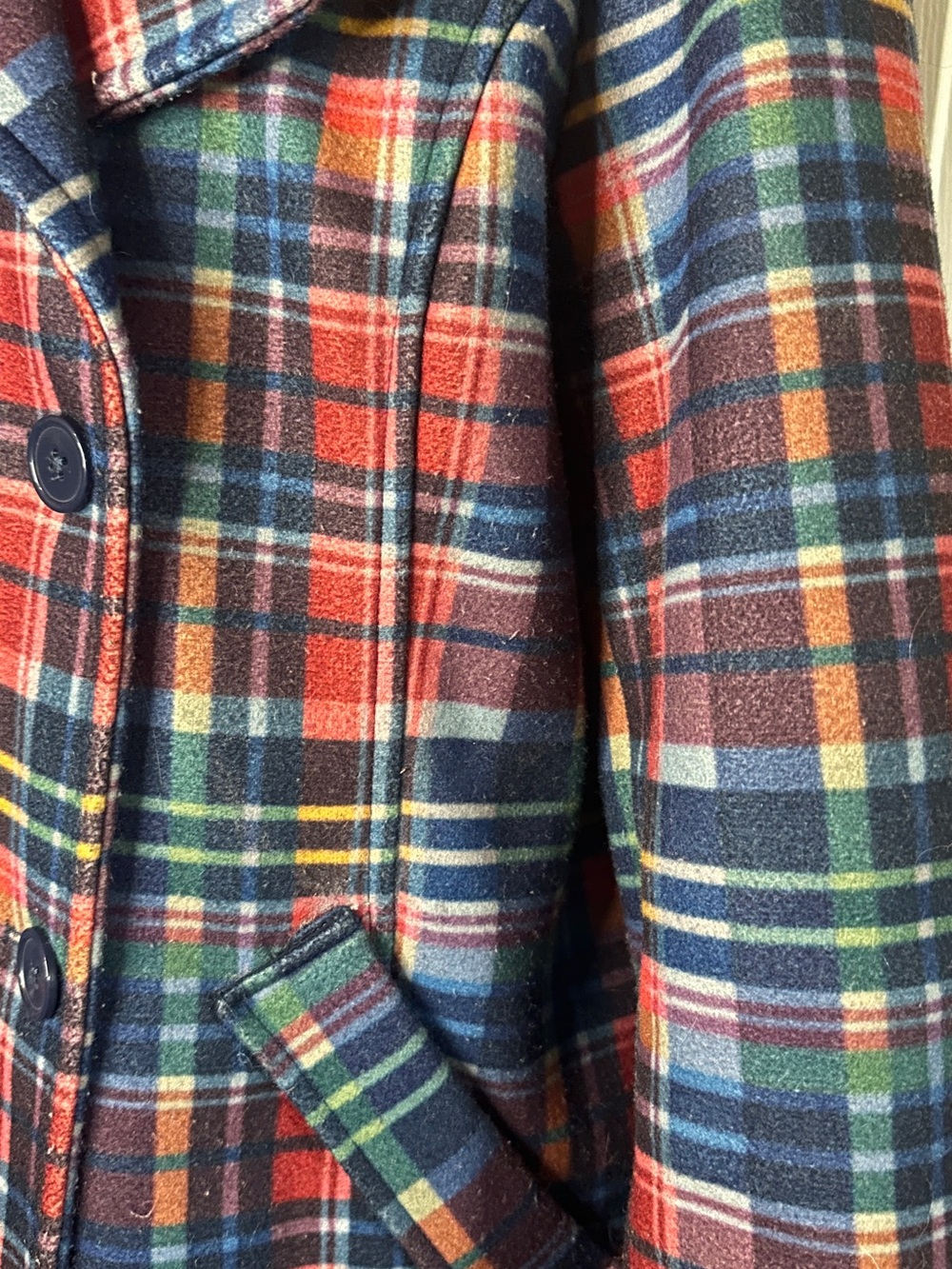 Time and Tru Red Navy Green Plaid Double-Breasted Peacoat with Yellow Accents - Picture 3 of 6